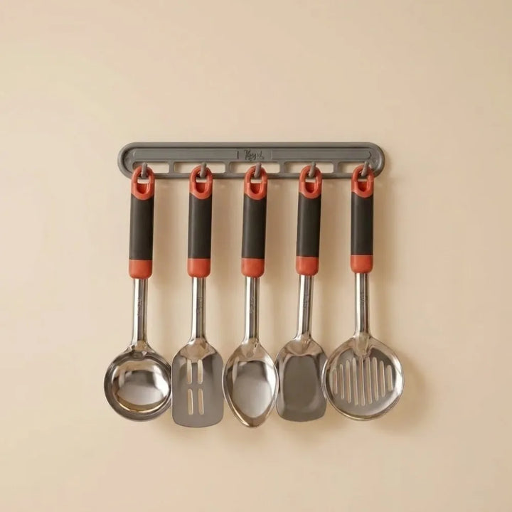2-in-1 Stainless Steel Frying Tool Set with Clip & Strainer | Oil Frying Spoon, Skimmer, Serving Tong, BBQ Filter & Kitchen Utensil Set with Wall Holder