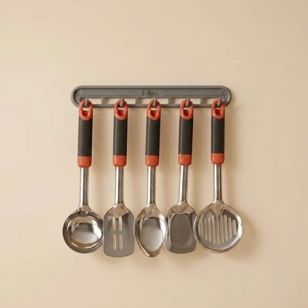 2-in-1 Stainless Steel Frying Tool Set with Clip & Strainer | Oil Frying Spoon, Skimmer, Serving Tong, BBQ Filter & Kitchen Utensil Set with Wall Holder