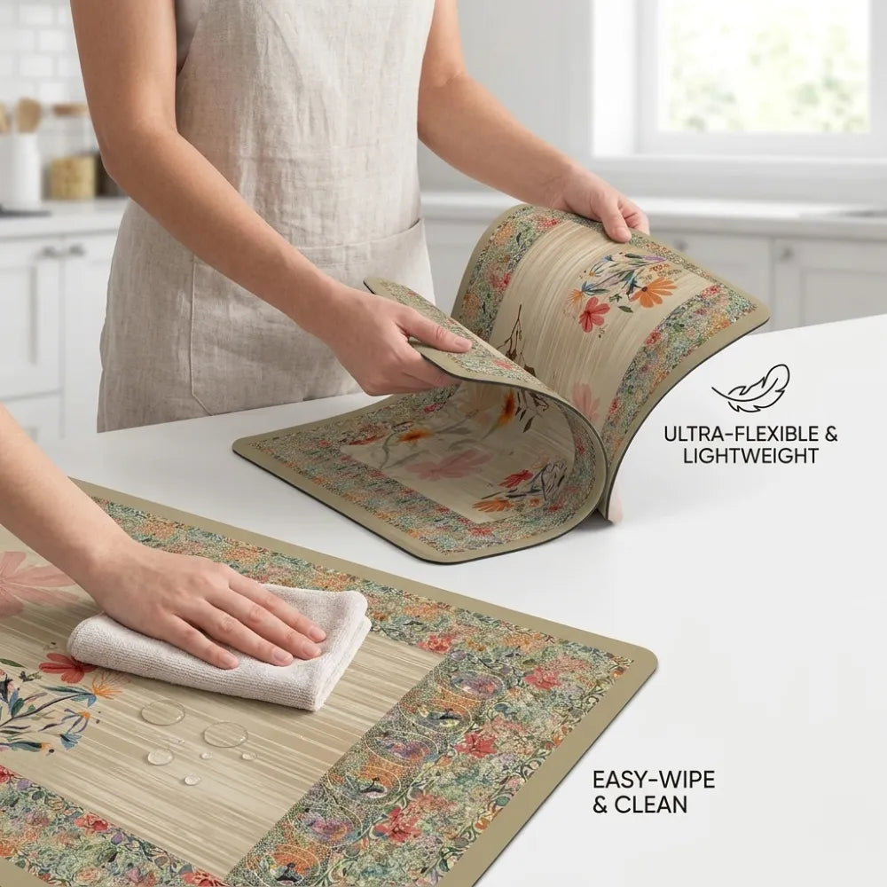 2-Piece Floral Kitchen Mat Set | Decorative Non-Slip Cushioned Anti-Fatigue Rugs for Kitchen, Sink & Office Floor