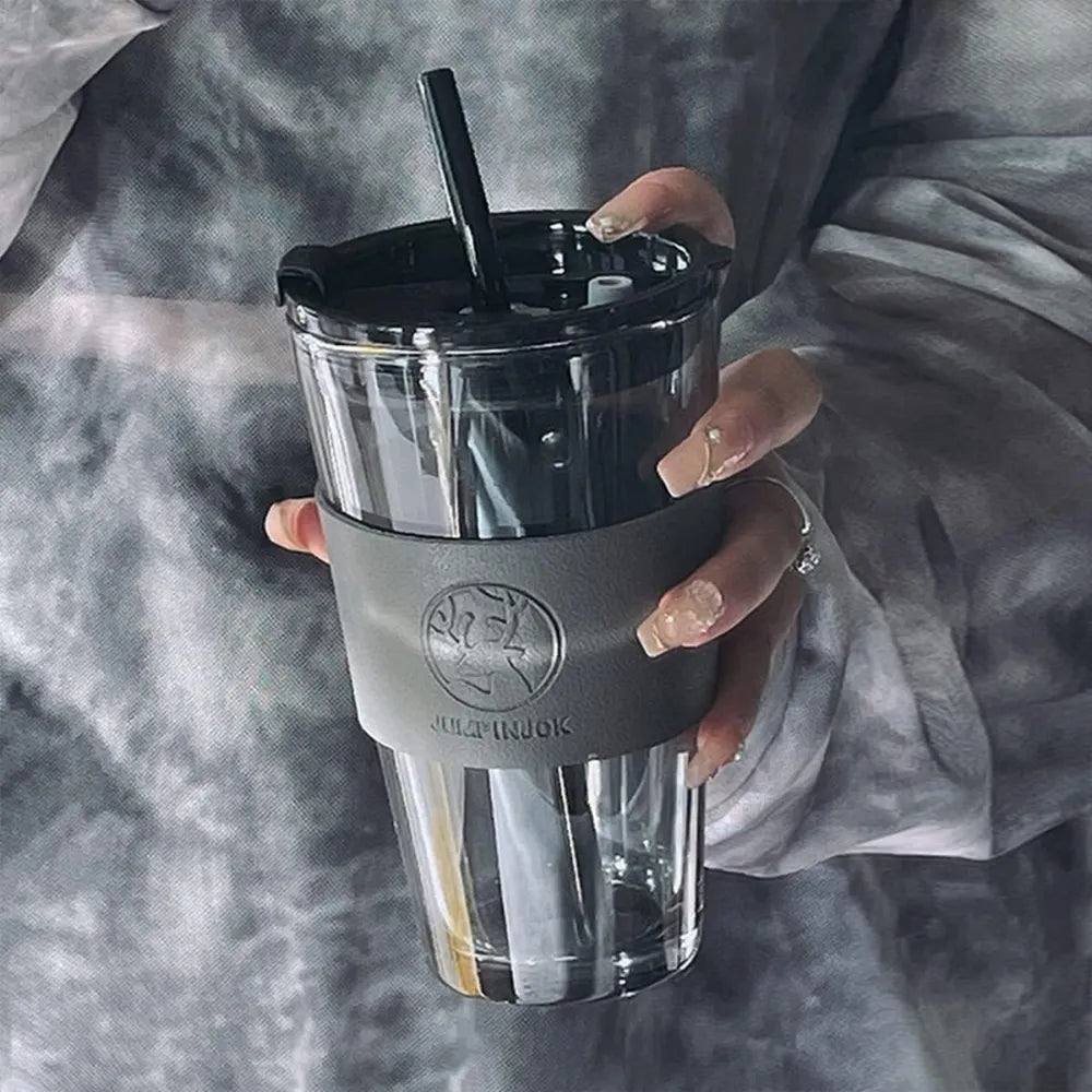 Glass Coffee Sipper Mug with Leather Grip | Reusable Clear Tumbler with Lid & Straw | Iced Coffee, Tea, Smoothie & Juice Cup