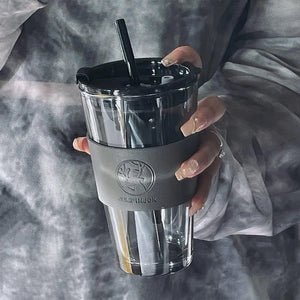 Glass Coffee Sipper Mug with Leather Grip | Reusable Clear Tumbler with Lid & Straw | Iced Coffee, Tea, Smoothie & Juice Cup