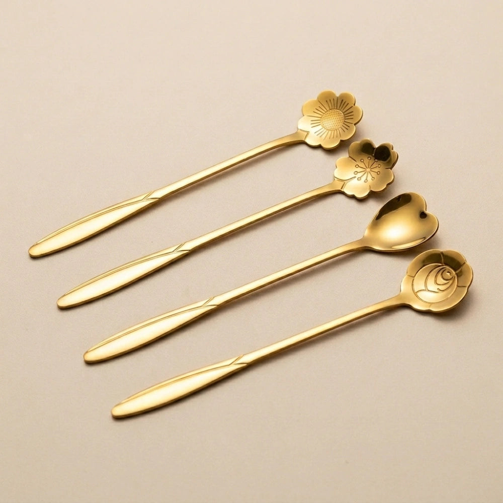 4-Piece Flower Coffee Spoon Set | Stainless Steel Dessert, Tea & Ice Cream Spoons, Elegant Floral Tableware