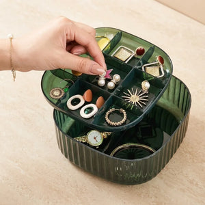 2-Layer Clear Acrylic Jewelry Organizer Box | Green Tray Storage for Earrings, Necklaces, Rings & Accessories | Dresser Organizer