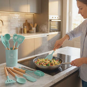 12-Piece Silicone Kitchen Utensil Set with Wooden Handles & Holder | Heat Resistant Non-Stick Cooking and Baking Tools