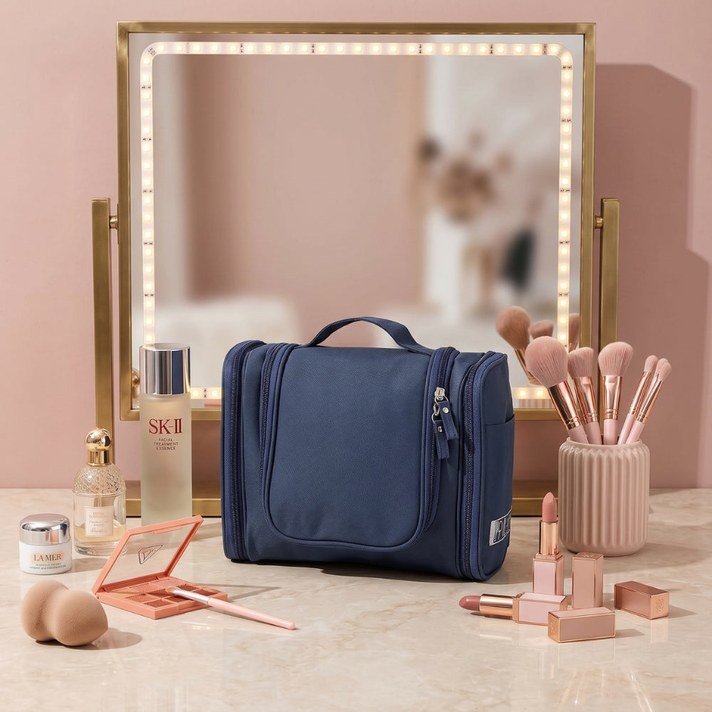Travel Makeup & Toiletry Organizer Bag | Waterproof Cosmetic Vanity Case with Handle, Brush Holders & Dividers for Women & Men