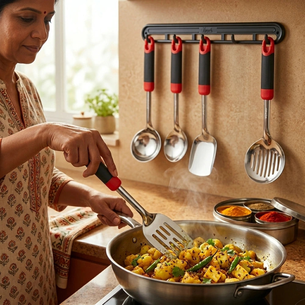 2-in-1 Stainless Steel Frying Tool Set with Clip & Strainer | Oil Frying Spoon, Skimmer, Serving Tong, BBQ Filter & Kitchen Utensil Set with Wall Holder