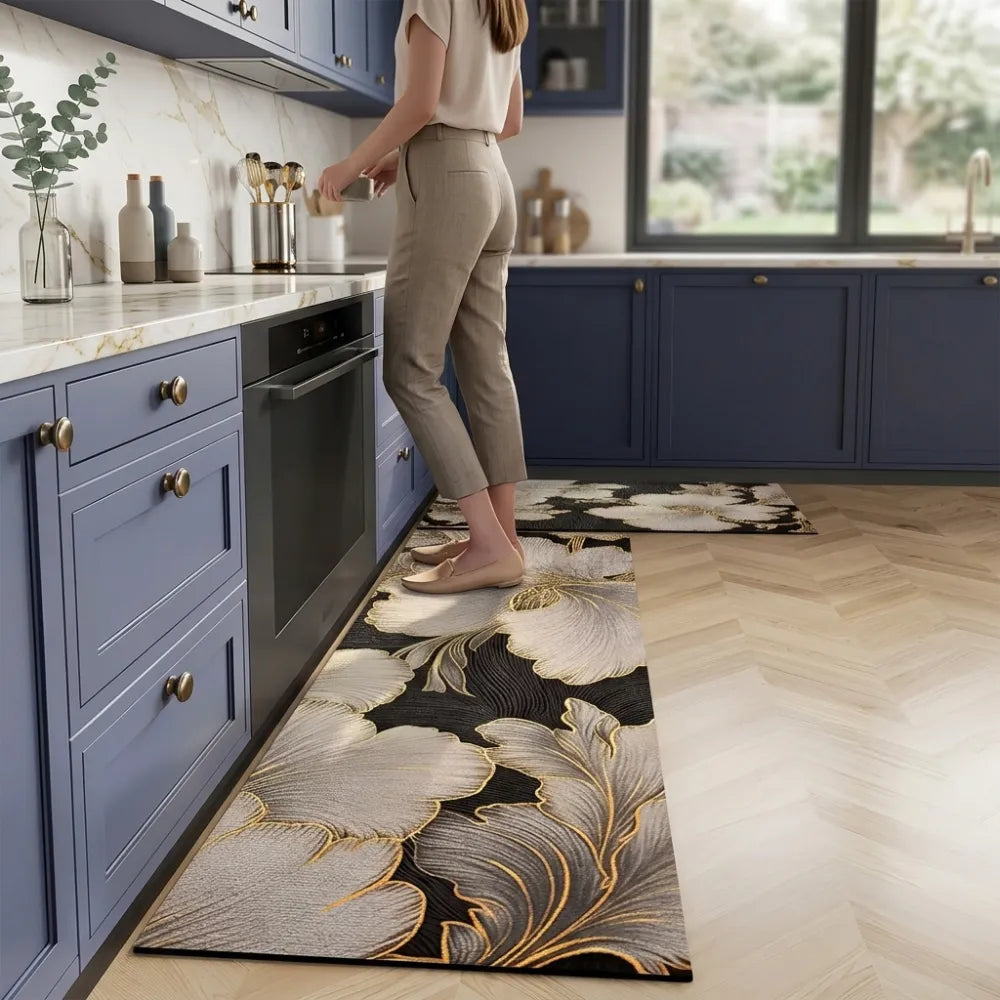 2-Piece Luxury Gold Floral Kitchen Mat Set | Non-Slip Waterproof Anti-Fatigue Cushioned Runner Rugs for Kitchen & Floor
