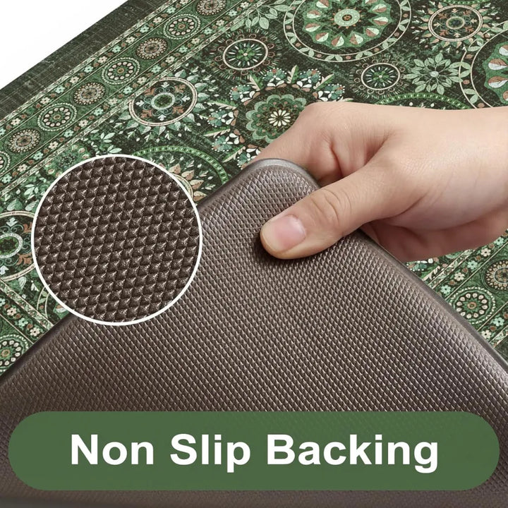 2-Piece Emerald Green Mandala Kitchen Mat Set | Vintage Floral Medallion Non-Slip Anti-Fatigue Washable Runner Rugs for Kitchen & Hallway