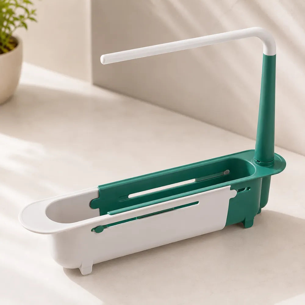 Adjustable Sink Rack Holder & Drain Basket | Extendable Sponge, Soap & Towel Organizer | Kitchen Sink Storage Basket