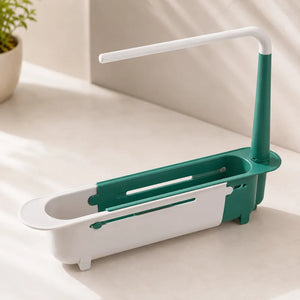 Adjustable Sink Rack Holder & Drain Basket | Extendable Sponge, Soap & Towel Organizer | Kitchen Sink Storage Basket