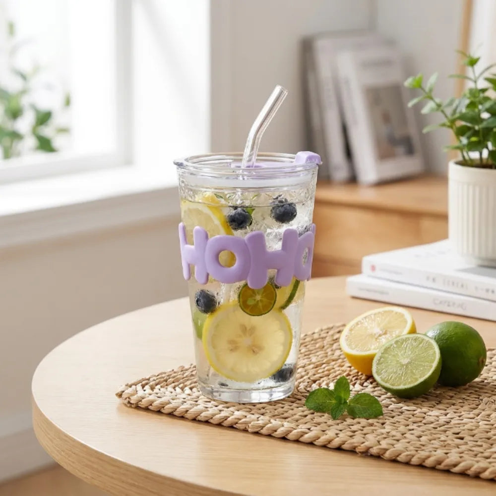 450ml HOHO Glass Cup with Lid & Straw | Glass Water Bottle with Silicone Sleeve | Iced Coffee & Cold Drinks Tumbler