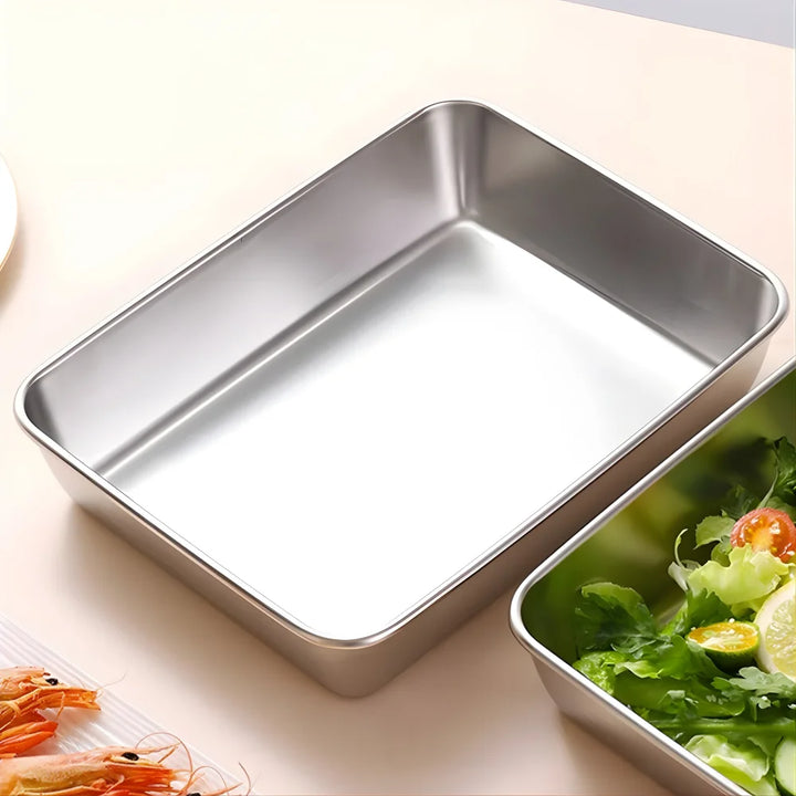 Stainless Steel Square Plate with Lid | Heavy-Duty Food-Grade Baking & Storage Tray, Thickened Metal Dish with Leak-Proof Clear Lid for Oven & Kitchen Use