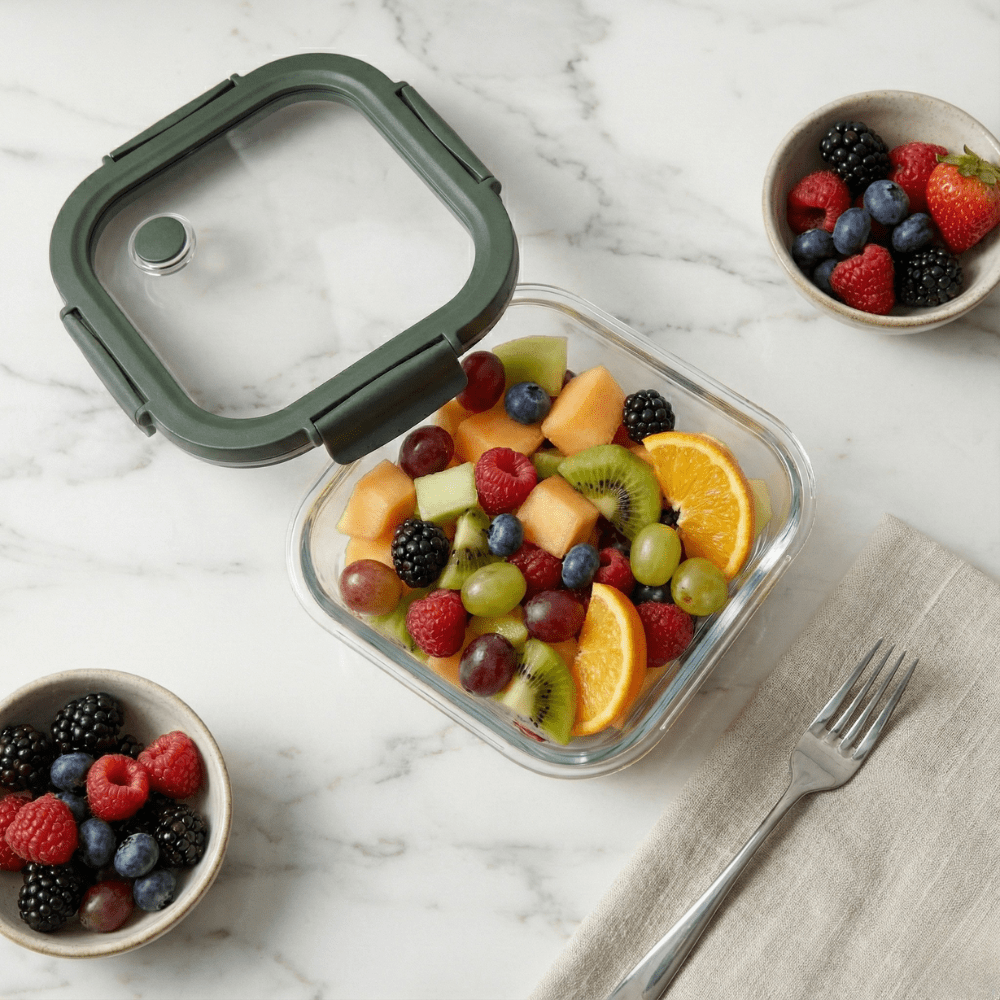800ml Premium Square Borosilicate Glass Container | Vented Glass Lid Fresh-Air Circulation