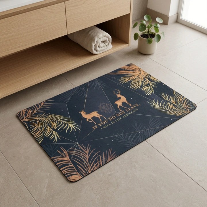 Mystic Deer Quote Bath Mat | Non Slip Bathroom Rug with Gold Leaf Boho Spa Decor