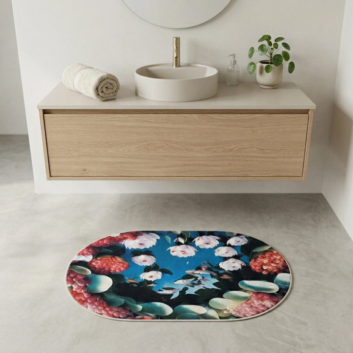 Floral Oval Anti-Slip Bathroom Mat | Soft Absorbent Quick Dry Bath Rug | Decorative Washroom Floor Carpet