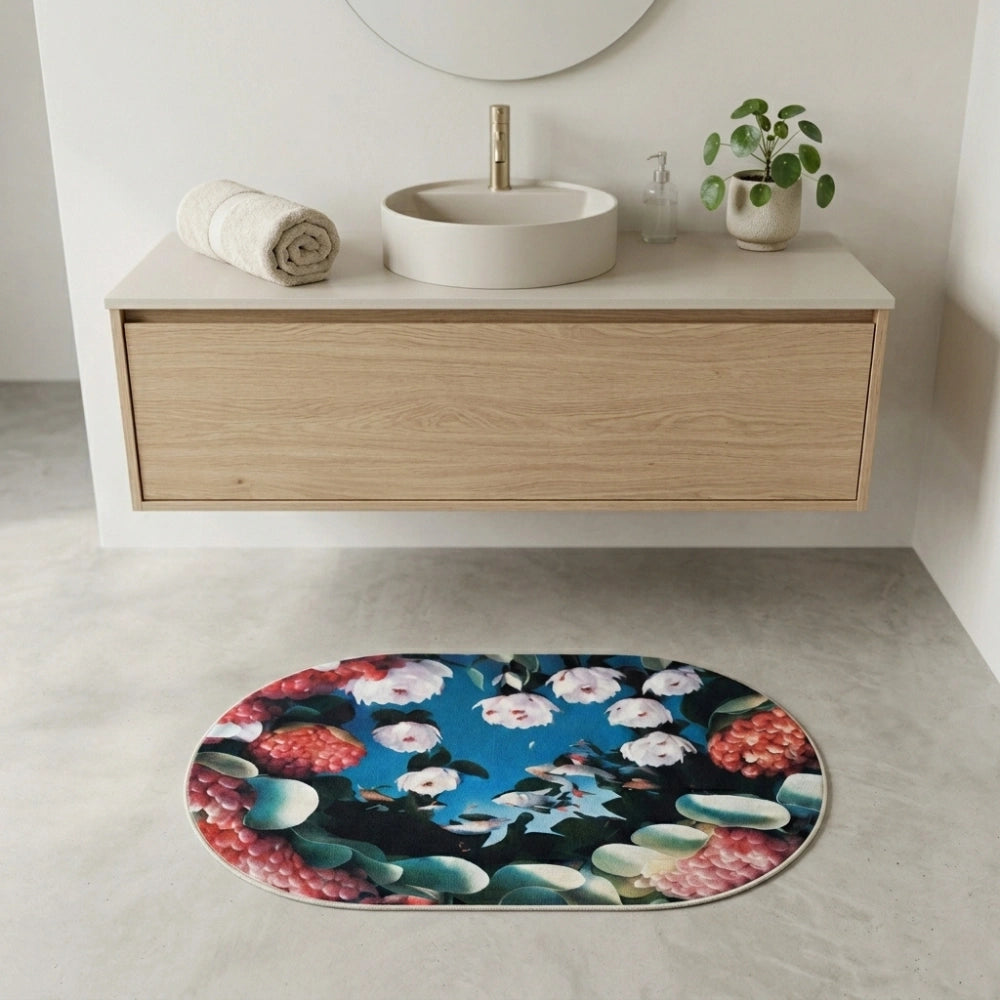 Floral Oval Anti-Slip Bathroom Mat | Soft Absorbent Quick Dry Bath Rug | Decorative Washroom Floor Carpet