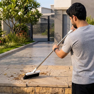 Long Handle Broom & Dustpan Combo Set | Upright Standing Sweep Set with Self-Cleaning Scraper | Home, Office & Floor Cleaning