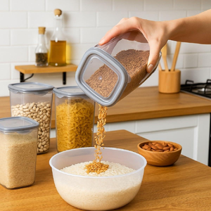 Airtight Kitchen Storage Containers | 1200ml Stackable Transparent Plastic Jars for Rice, Dal, Pulses & Dry Fruits with Grey Lid