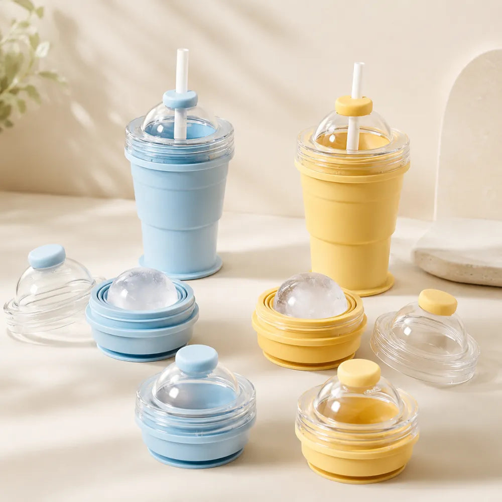 2-in-1 Collapsible Silicone Ice Ball Maker Cup with Straw & Lid | Reusable Ice Sphere Mold for Whiskey, Iced Coffee, Gym & Travel