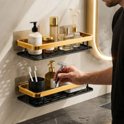 Bathroom Organizer Wall Mount Self Rack Black & Gold Aluminium Storage, Pack of 2