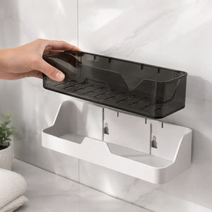 Self-Adhesive Dual-Layer Bathroom Wall Rack | No-Drill Plastic Wall Mounted Storage Organizer for Toiletries & Bathroom Accessories