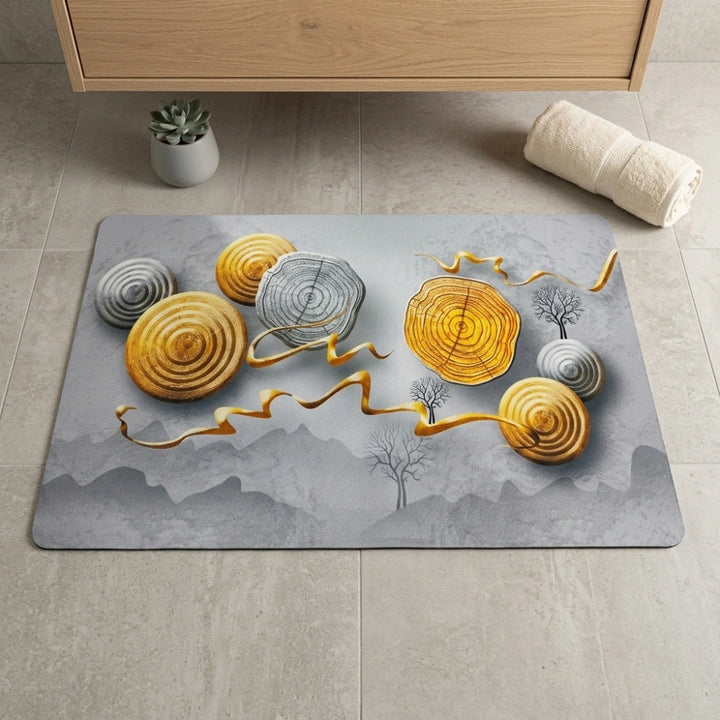 Zen Stone Wood Slice Bath Mat | Non Slip Absorbent Bathroom Rug Modern Spa Floor Mat