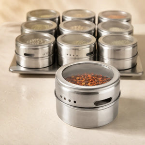 9PCS Stainless Steel Magnetic Spice Jar Set with Rack | Masala Storage Containers for Salt, Pepper & Seasonings