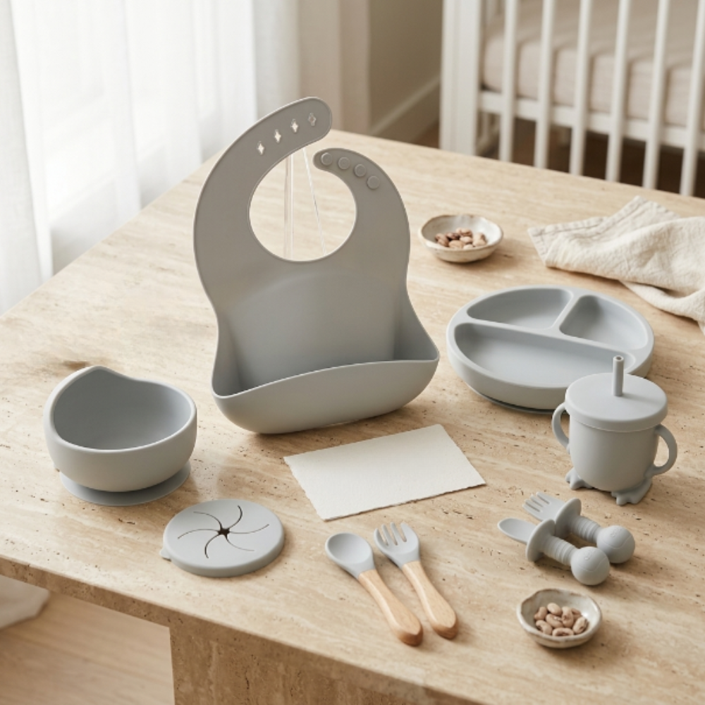 Silicone Baby Feeding Set | Complete Baby-Led Weaning Kit with Bib, Suction Bowl, Divided Plate, Cup, Spoon & Fork