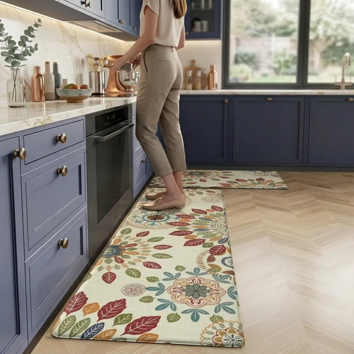2-Piece Boho Floral Leaf Kitchen Mat Set | Non-Slip Cushioned Anti-Fatigue Runner Rugs for Kitchen, Bedroom & Home