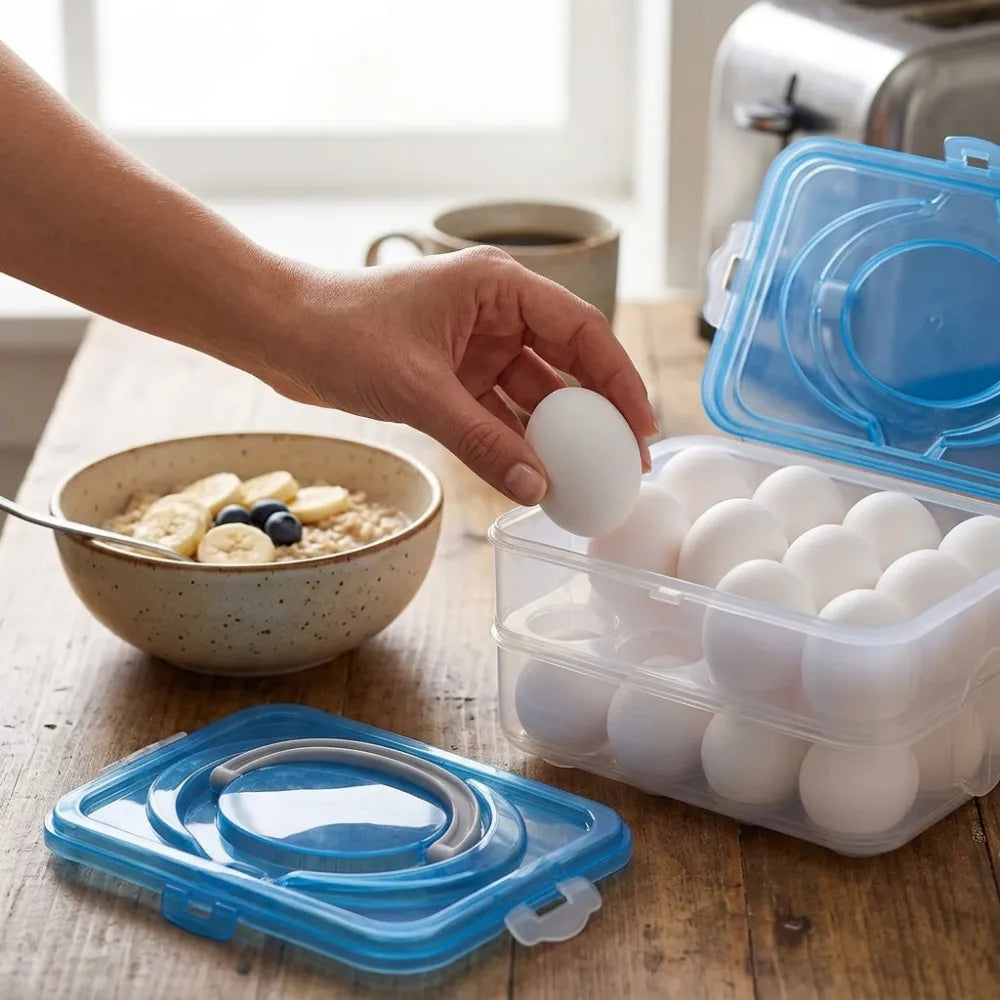 24 Grid Egg Storage Container for Fridge | 2-Layer Plastic Egg Organizer Tray with Handle | Refrigerator Egg Holder & Kitchen Storage Box