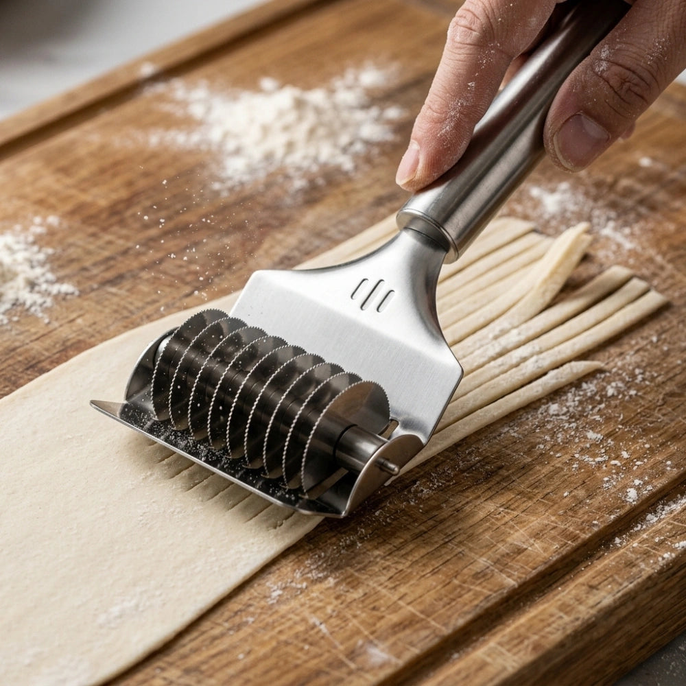 Stainless Steel Multi-Blade Noodle Cutter Roller | Manual Pasta, Dough & Pastry Cutting Tool with Ergonomic Handle