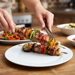 12PCS Stainless Steel BBQ Skewers Set | Reusable Barbecue Grilling Sticks with Wooden Handles | Round/Square Metal Kebab Skewers