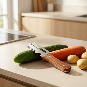 3 in 1 Stainless Steel Vegetable Peeler with Wooden Handle | Julienne Cutter, Bottle Opener & Scallion Shredder | Multi-Purpose Fruit & Veggie Peeler