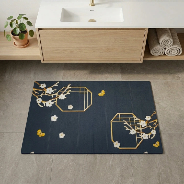 Elegant Floral Japanese Style Bathroom Mat | Soft Anti-Slip Quick Dry Absorbent Floor Rug for Bathroom & Bedroom