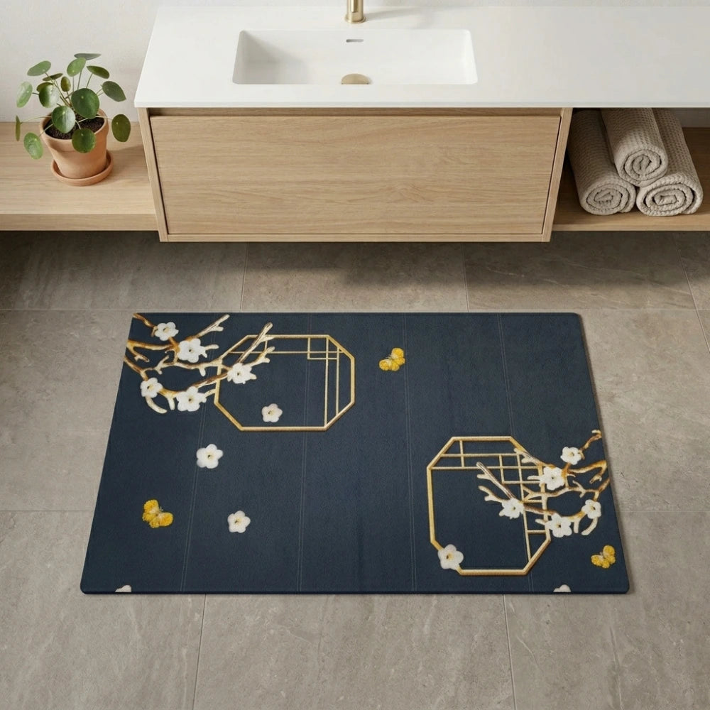 Elegant Floral Japanese Style Bathroom Mat | Soft Anti-Slip Quick Dry Absorbent Floor Rug for Bathroom & Bedroom