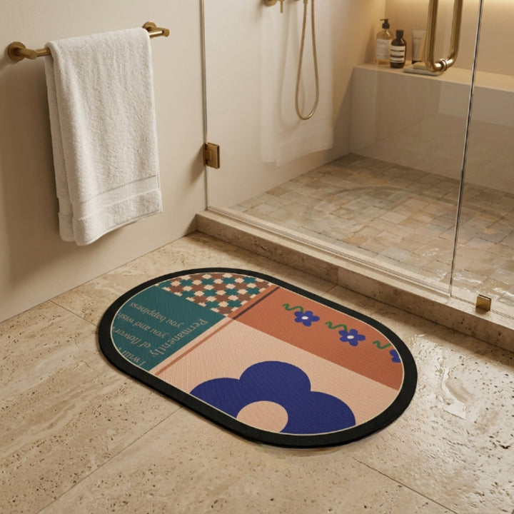 Boho Abstract Oval Anti-Slip Bath Mat | Soft Absorbent Quick Dry Bathroom Floor Rug Modern Floral Door Mat