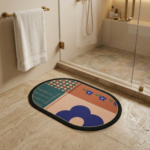 Boho Abstract Oval Anti-Slip Bath Mat | Soft Absorbent Quick Dry Bathroom Floor Rug Modern Floral Door Mat