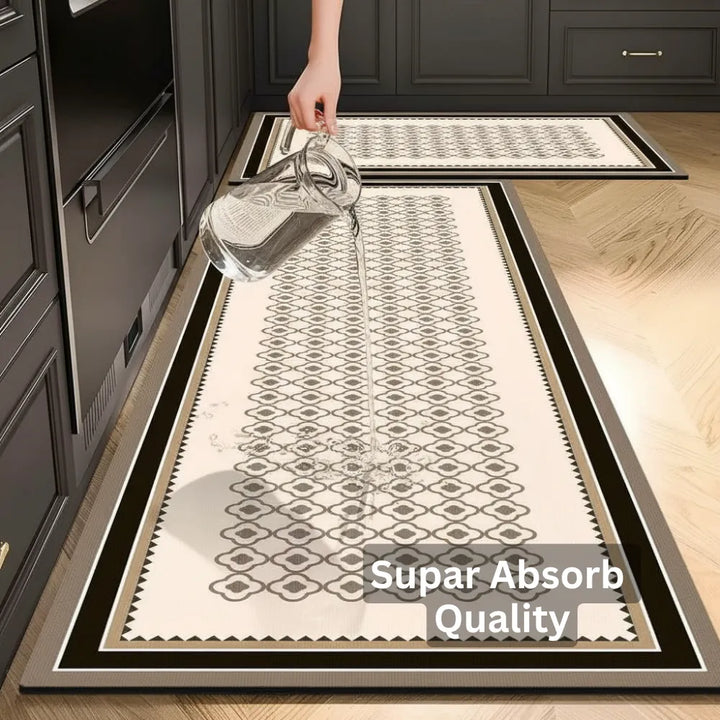 2-Piece Black & White Geometric Kitchen Mat Set | Non-Slip Anti-Fatigue Washable Runner Rugs with Elegant Tile Pattern for Kitchen & Hallway