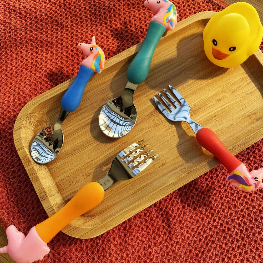 Unicorn Baby Feeding Spoon & Fork Set | Silicone Handle Stainless Steel Cutlery for Babies, Toddlers & Kids | BPA-Free Self Feeding Tableware