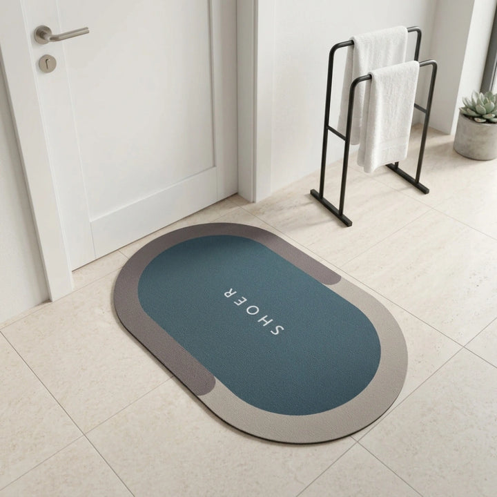 Modern Oval Anti-Slip Bathroom Floor Mat | Soft Absorbent Waterproof Door Rug for Bathroom, Bedroom & Entryway | Minimal Blue Home Decor Mat