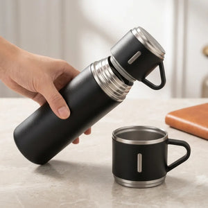 500ml Vacuum Flask Gift Set with 3 Stainless Steel Cups | Double Wall Insulated Hot & Cold Thermos | Premium Travel Flask Combo