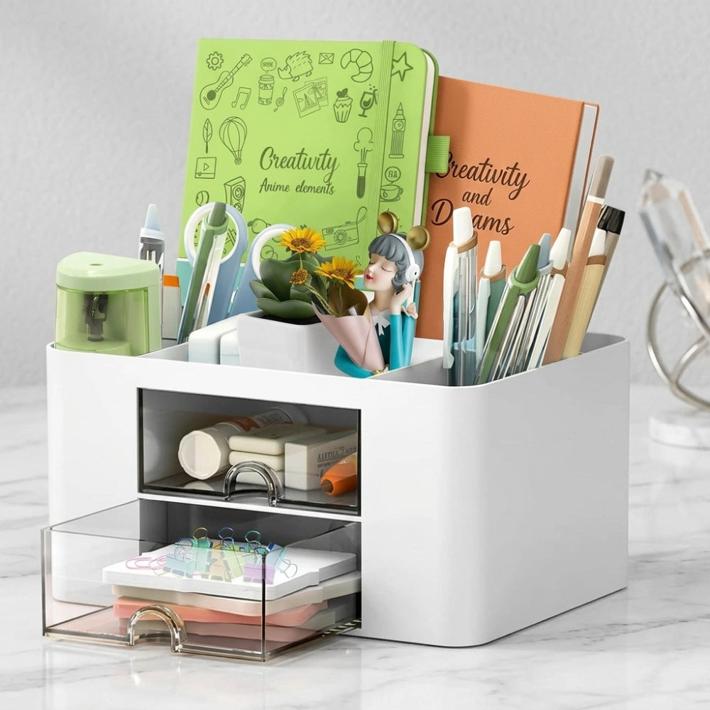 Multi-Functional Desk Organiser with 2 Drawers | Large Capacity Desktop Pen, Pencil & Stationery Storage Holder