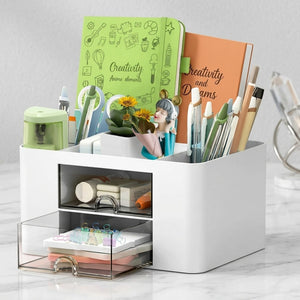 Multi-Functional Desk Organiser with 2 Drawers | Large Capacity Desktop Pen, Pencil & Stationery Storage Holder