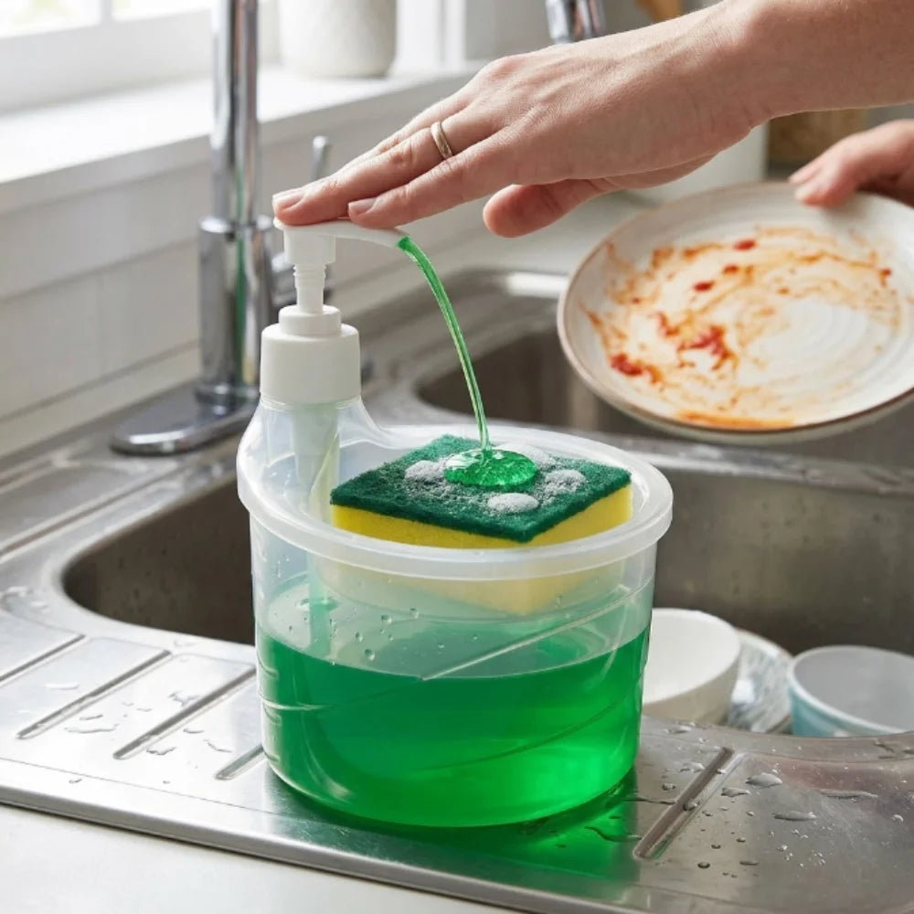 Press Type Liquid Soap Dispenser with Sponge Holder | Refillable Dishwashing Pump Container