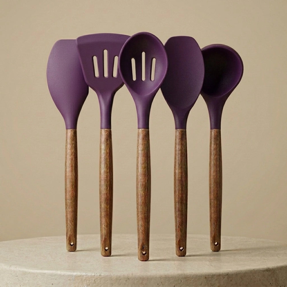 5-Piece Silicone Kitchen Utensil Set with Wooden Handles | Non-Stick Cooking Spatulas, Turner, Serving Spoon & Soup Ladle, Heat Resistant Kitchen Tools