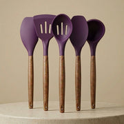 5-Piece Silicone Kitchen Utensil Set with Wooden Handles | Non-Stick Cooking Spatulas, Turner, Serving Spoon & Soup Ladle, Heat Resistant Kitchen Tools