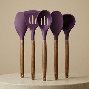 5-Piece Silicone Kitchen Utensil Set with Wooden Handles | Non-Stick Cooking Spatulas, Turner, Serving Spoon & Soup Ladle, Heat Resistant Kitchen Tools