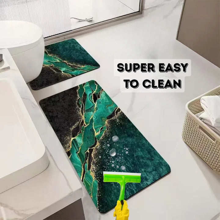 2-Piece Emerald Gold Marble Kitchen Mat Set | Luxury Non-Slip Washable Anti-Fatigue Runner Rugs for Kitchen, Hall & Bedroom
