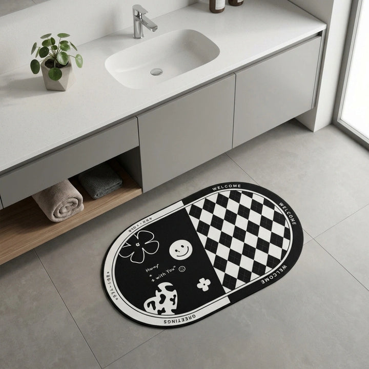 Black & White Anti-Slip Bathroom Mat | Modern Oval Bath Rug | Soft Absorbent Quick Dry Floor Carpet