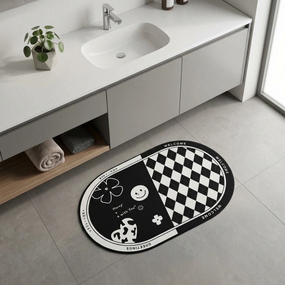 Black & White Anti-Slip Bathroom Mat | Modern Oval Bath Rug | Soft Absorbent Quick Dry Floor Carpet